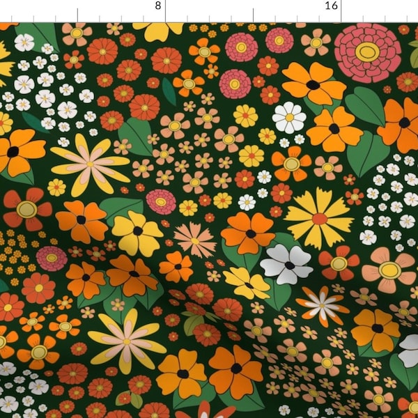 Vintage Flowers Fabric - Seventies Floral Meadow by kizzy_withershins - Calico Ditsy Meadow Green Yellow Fabric by the Yard by Spoonflower