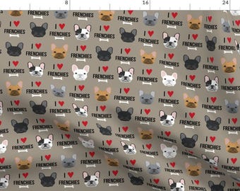 Frenchie Fabric - Frenchie Dog Fabric - I Love French Bulldogs Medium Brown By Petfriendly - Cotton Fabric By The Yard With Spoonflower