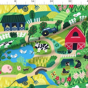 May include: A colorful illustration of a farm scene with a red barn, a blue tractor, a pond, a green field, a white fence, a blue and green stable, a cow, a pig, a chicken, a duck, a butterfly, a dragonfly, a cat, a sheep, and a hay bale.