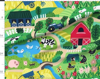 May include: A colourful illustration of a farm scene with a red barn, a blue tractor, a pond, a green field, a white fence, a blue and green stable, a cow, a pig, a chicken, a duck, a butterfly, a dragonfly, a cat, a sheep, and a hay bale.