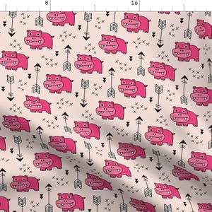 Hippo Fabric - Cute Little Baby Hippo Kids Cute Animals In Pink By Littlesmilemakers - Hippo Cotton Fabric By The Yard With Spoonflower