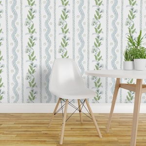 Regency Floral Peel and Stick Wallpaper - Folk Art Light Blue Leaves - Removable Wall Decor Art - Soft Blue And Greens by danika_herrick