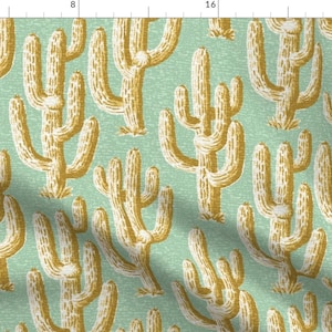 Retro Green Western Fabric - Retro Cactus Garden  by raqilu -  Vintage Green Yellow Retro Mint 1950s Fabric by the Yard by Spoonflower