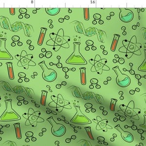 Science Fabric - Science Lab By New Earth Baby - Science Atom Laboratory DNA Glass Flask Green Cotton Fabric By The Yard With Spoonflower