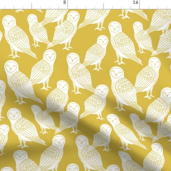 Owl Fabric - Owls Block Printed Mustard And White Hand-Carved Illustration By Andrea Lauren - Mod Cotton Fabric By The Yard With Spoonflower