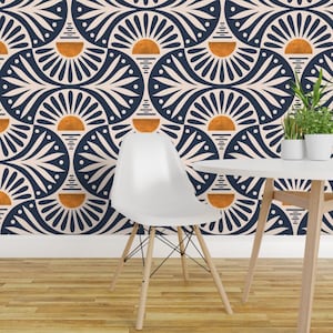 Papel pintado Art Déco autoadhesivo - Amanecer geométrico festoneado azul y naranja - Decoración de pared removible - Atardecer y hojas beige de de_koro