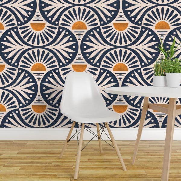 Art Deco Peel and Stick Wallpaper - Blue Orange Geometric Scallop Sunrise - Removable Wall Decor Art - Sunset And Leaves Beige by de_koro