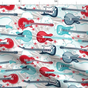 Rock And Roll Fabric - Rock And Roll By Cjldesigns - Rock And Roll Blue Red Guitars Instrument Cotton Fabric By The Yard With Spoonflower