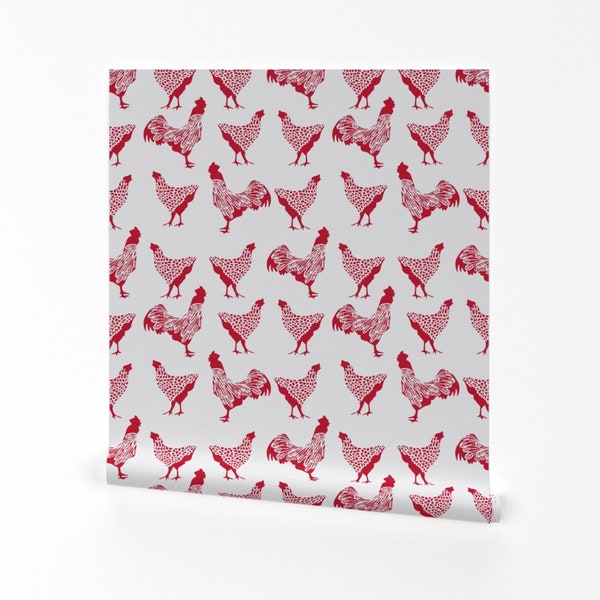 Papier peint poulet - poulet rouge sur blanc par Thehighfiber - poulet rouge rouleau de papier peint auto-adhésif amovible imprimé personnalisé par Spoonflower