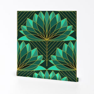 Lotus Floral Removable Peel and Stick Wallpaper - Green Yellow Geometric Fan - Wall Art Wall Decor - Bold Art Deco by shamini_atuko_designs
