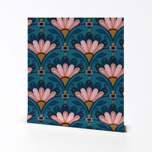 Art Deco Floral Wallpaper - Flower Arches Larger By Rachelmacdonald - Custom Printed Removable Self Adhesive Wallpaper Roll by Spoonflower