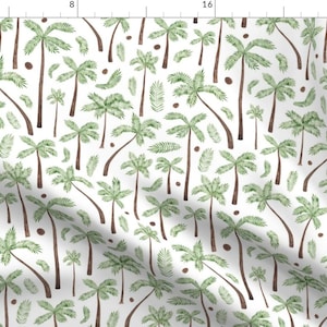 May include: A seamless pattern featuring watercolour illustrations of palm trees and coconuts on a white background. The palm trees are green and brown, and the coconuts are brown.