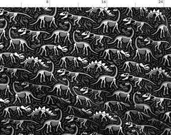 Dinosaur Fabric - Dinosaurs And Bones (Black) By Heleen van den Thillart - Dinosaur Cotton Fabric By The Yard With Spoonflower