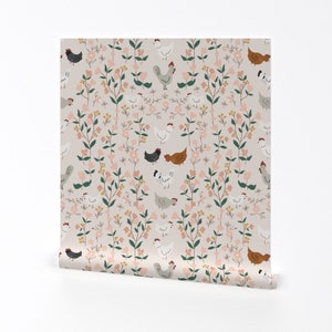 Blush Pink Hens Wallpaper - Lil Chickens by lyndsay_hubley -  Chickens Farmhouse Removable Peel and Stick Wallpaper by Spoonflower