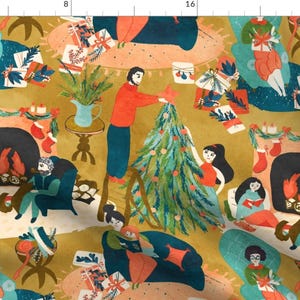 Christmas Decorating Family Fabric - Christmas Living Room By Lidiebug - Xmas Holiday Scene Cotton Fabric By The Yard With Spoonflower