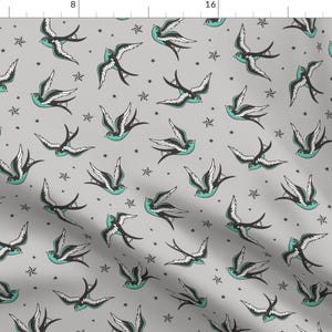 Summer Swallows Fabric - Swallow On Grey By Caja Design - Sparrow Rockabilly Style Birds Wildlife Cotton Fabric By The Yard With Spoonflower