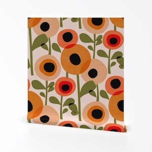 Mid Century Modern Removable Peel and Stick Wallpaper - Retro Vintage Orange  - Wall Art Wall Decor - Mid Century Poppy by perrinphilippa