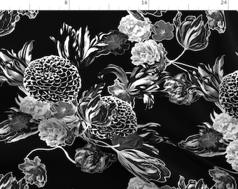 Floral Fabric - Modern Floral Black And White By Peacoquettedesigns- Vintage Home Decor Uphlstery Cotton Fabric By The Yard With Spoonflower
