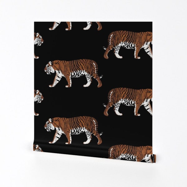 Tiger Wallpaper - Teak Walking Tiger By Eclectic House - Tiger Black Custom Printed Removable Self Adhesive Wallpaper Roll by Spoonflower