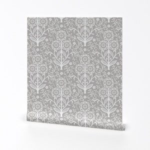 Floral Wallpaper - Flowers Grey and White By Jillbyers - Simple Modern Custom Printed Removable Self Adhesive Wallpaper Roll by Spoonflower