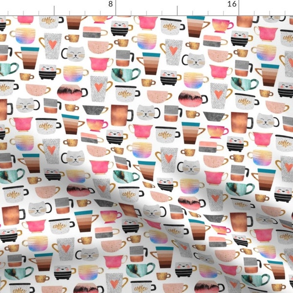 Coffee Fabric - Coffee Cup Collection By Elisabeth Fredriksson - White Pink Hearts Tea Cafe Cute Cotton Fabric By The Yard With Spoonflower