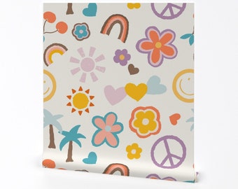 Papier peint griffonnage rétro - Happy Art par jocavecreative - Papier peint autocollant amovible Summer Smile Rainbow Flowers Peace par Spoonflower