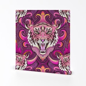Pink Tigers Removable Peel and Stick Wallpaper - Purple Orange Maximalist Xl Jungle - Wall Art Wall Decor - Tiger Damask by beesocks
