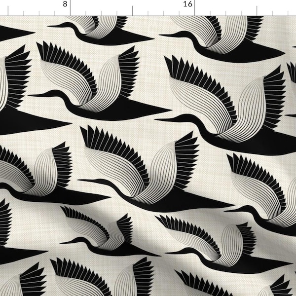 Stork Black Abstract Birds Fabric - Storks On Linen By Vo Aka Virginiao - Stork Geometric Cotton Fabric By The Yard With Spoonflower