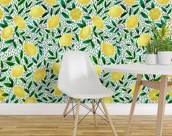 Papel pintado de limones - Limones - Blanco de Scarlette Soleil - Papel pintado autoadhesivo removible con diseño de frutas cítricas, amarillo y verde de verano de Spoonflower