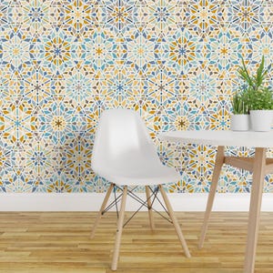 Mosaic Wallpaper - Kaleidoscope By Heleenvanbuul - Blue Yellow Moroccan Tiles Star Removable Self Adhesive Wallpaper Roll by Spoonflower
