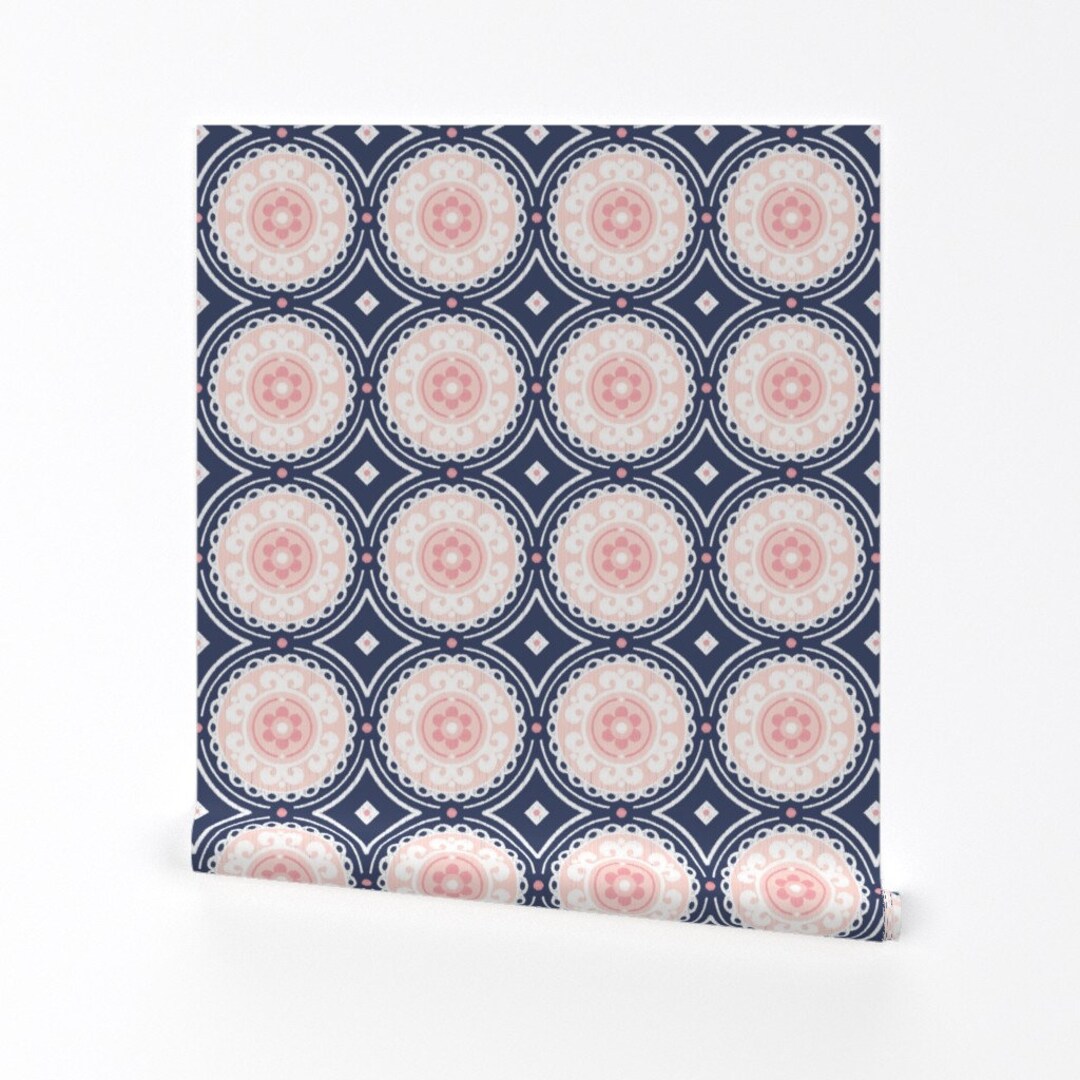Navy and Pink Wallpaper Navy and Pink Medallion by Etsy
