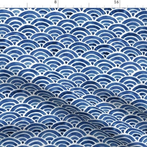 Navy Blue Scalloped Watercolor Fabric - Seigaiha Blue Sea Waves - Navy By Hazelnut Green - Navy Cotton Fabric By The Yard With Spoonflower