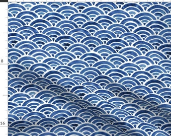 Navy Blue Scalloped Watercolor Fabric - Seigaiha Blue Sea Waves - Navy By Hazelnut Green - Navy Cotton Fabric By The Yard With Spoonflower
