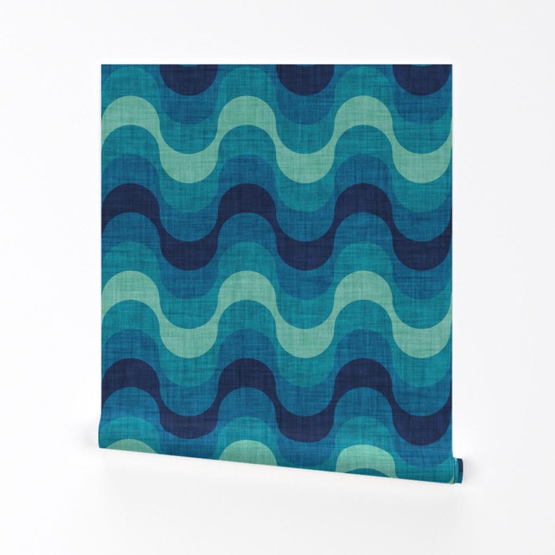 Wavy Retro Stripes Removable Peel and Stick Wallpaper - Teal Aqua 1960s ...