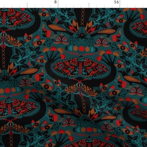 Moth Fabric - Moody Moth-Mares By Nanshizzle - Moth Blue Green Butterfly Lunar Mystical Red Cotton Fabric By The Yard With Spoonflower