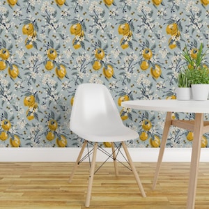 Lemons And Honeybees Peel and Stick Wallpaper - Modern Farmhouse Citrus Grove - Removable Wall Decor Art - Bees & Lemons by fernlesliestudio