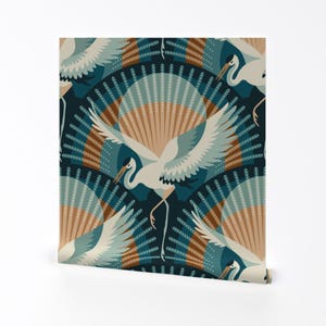 Art Deco Heron Removable Peel and Stick Wallpaper - Teal Copper Orange Large Scale - Wall Art Wall Decor - Heron At Sunset by heidi-abeline
