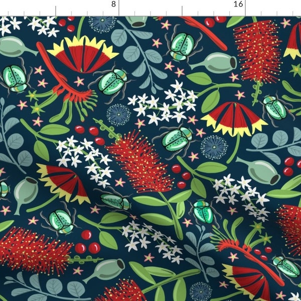 Christmas Beetle Blue Fabric - Australian Christmas Beetles With Australian Flora By Vicki Larner - Christmas Beetle Fabric With Spoonflower