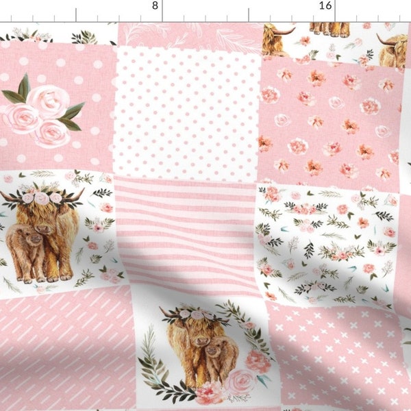 Pink Highland Cow Fabric - Highland Cow Cheater Quilt by karolina_papiez - Cheater Quilt Blush Floral Fabric by the Yard by Spoonflower