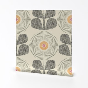 Mid Century Modern Removable Peel and Stick Wallpaper - Retro Floral Large Scale Neutral - Wall Art Wall Decor - Sunflowers by maeparadise