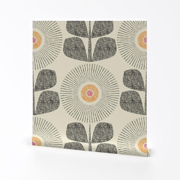Mid Century Modern Removable Peel and Stick Wallpaper - Retro Floral Large Scale Neutral - Wall Art Wall Decor - Sunflowers by maeparadise