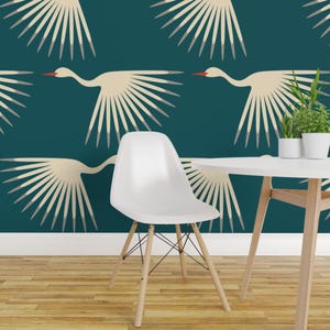 Art-Deco-Tapete - Art-Deco-Kraniche Von Katerhees - 1920er Jahre Teal White Individuell bedruckte entfernbare selbstklebende Tapetenrolle von Spoonflower