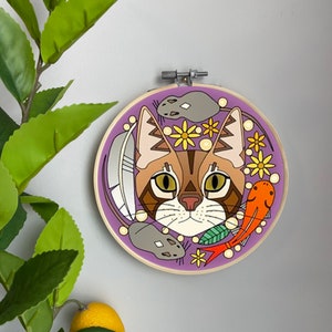 Cat Face Embroidery Template on Cotton - A Cat's Life By scrummy - Pet Lover Embroidery Pattern for 6" Hoop Custom Printed by Spoonflower