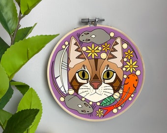 Cat Face Embroidery Template on Cotton - A Cat's Life By scrummy - Pet Lover Embroidery Pattern for 6" Hoop Custom Printed by Spoonflower