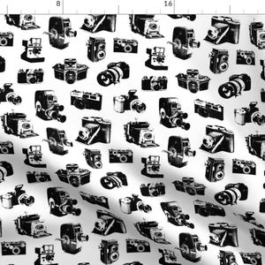 Cameras Fabric - Vintage Retro Old-Fashioned Victorian Film Cameras Neutral By Thinlinetextiles - Cotton Fabric By The Yard With Spoonflower