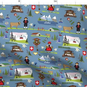 Swiss Blue Landscape Fabric - Blue Swiss Alpine By Peppermintpatty - Swiss European Village Cotton Fabric By The Yard With Spoonflower