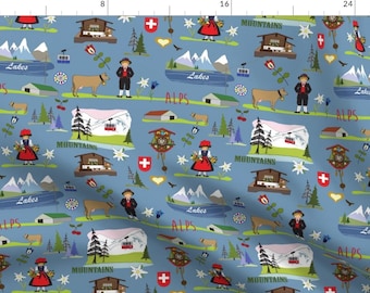 Swiss Blue Landscape Fabric - Blue Swiss Alpine By Peppermintpatty - Swiss European Village Cotton Fabric By The Yard With Spoonflower