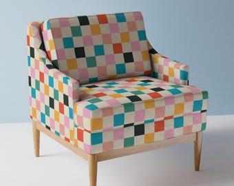 Retro Checkerboard Upholstery Fabric- Bright Mid-century Check by stephaniewest - Pink Orange Modern  Fabric By The Yard With Spoonflower