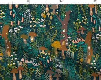 May include: A whimsical forest scene with a dark teal background, featuring a repeating pattern of mushrooms, trees, and flowers. The mushrooms are in various shades of brown and yellow, with some having small windows and doors, suggesting they are homes. The trees are brown and have a whimsical, stylized look. The flowers are in shades of pink, white, and yellow.