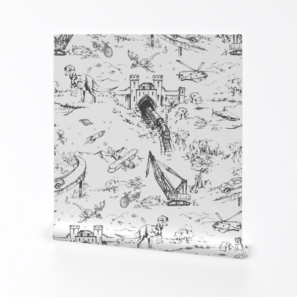 Toile Wallpaper - Adventure Toile Graphite By Pattern State - Toile Custom Printed Removable Self Adhesive Wallpaper Roll by Spoonflower